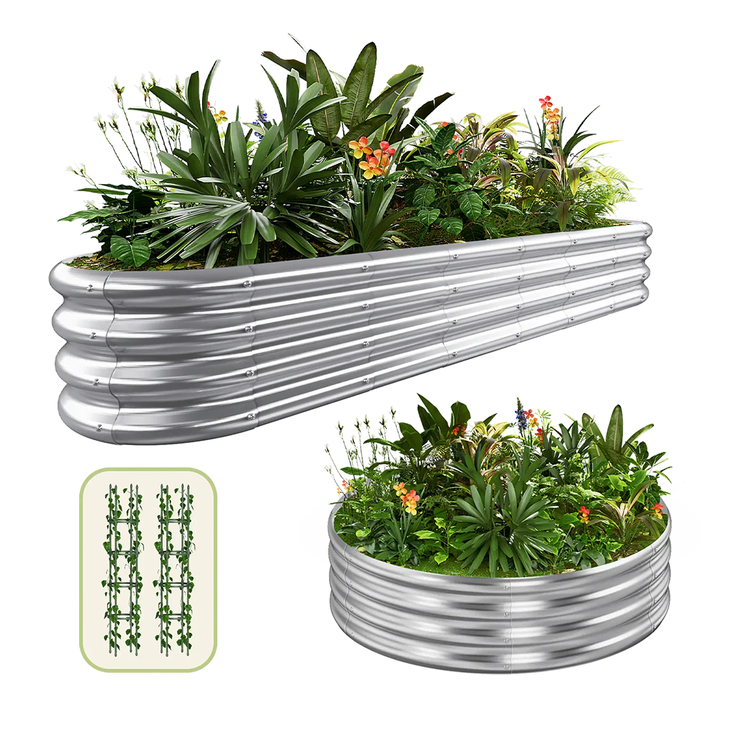2-Pack 12" Galvanized Raised Garden Beds: Oval & Circle with Climbing Frames