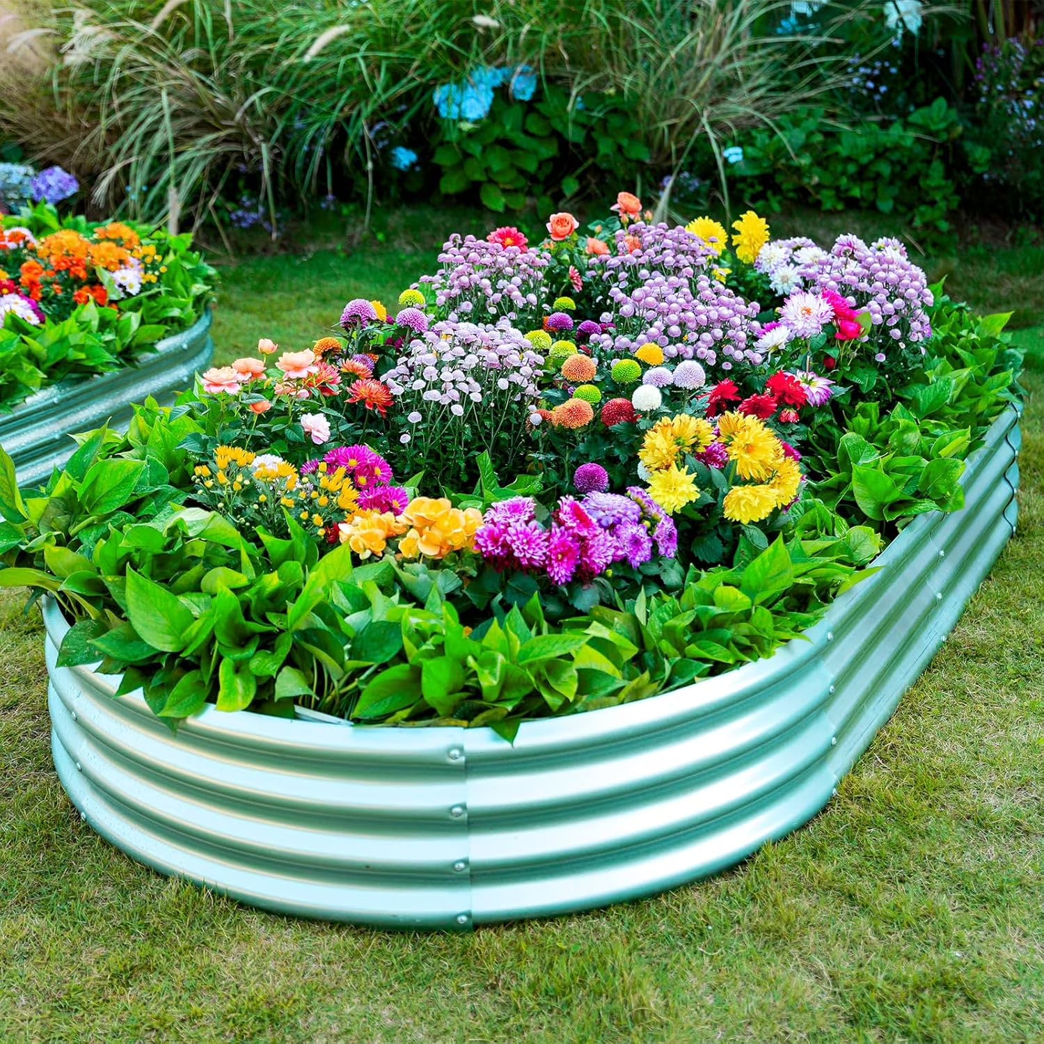 3-Pack 8×4×1ft Raised Garden Bed，Outdoor Galvanized Planter Boxes, Oval Large Metal Raised Garden Beds for Vegetables (Starlight Silver)