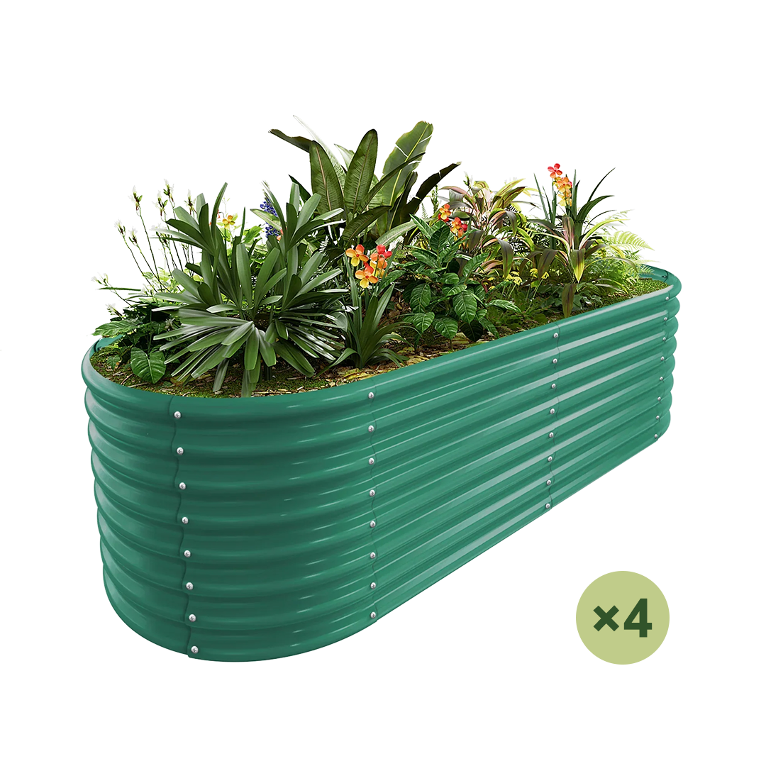 4-pack green 24-inch tall oval galvanized raised garden bed filled with plants.