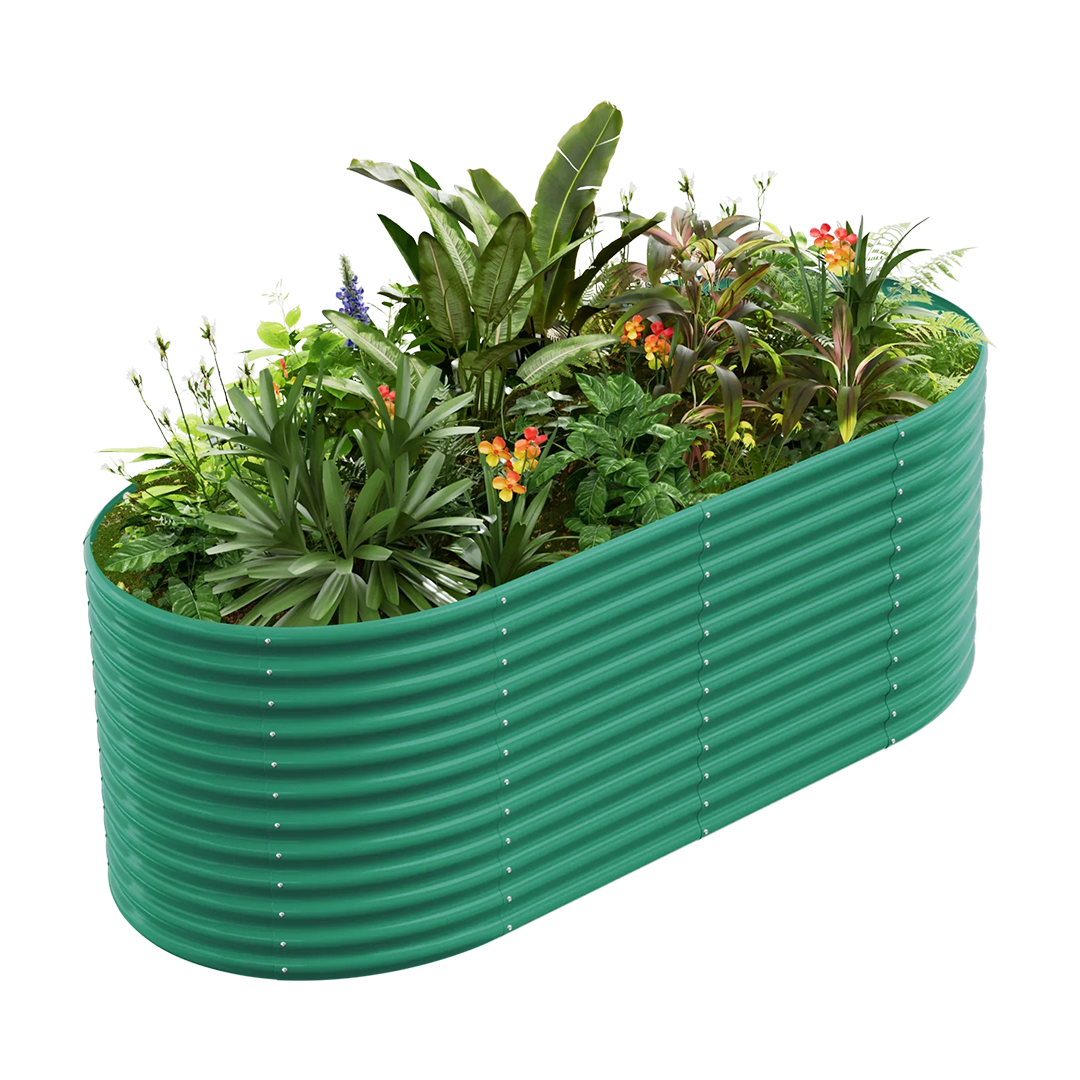 Green corrugated metal raised garden bed overflowing with lush green plants and vibrant orange and red flowers.