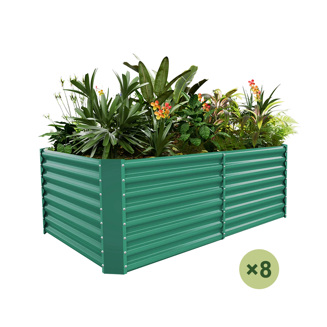 8-Pack green corrugated raised garden beds filled with plants. Includes 'x8' graphic.