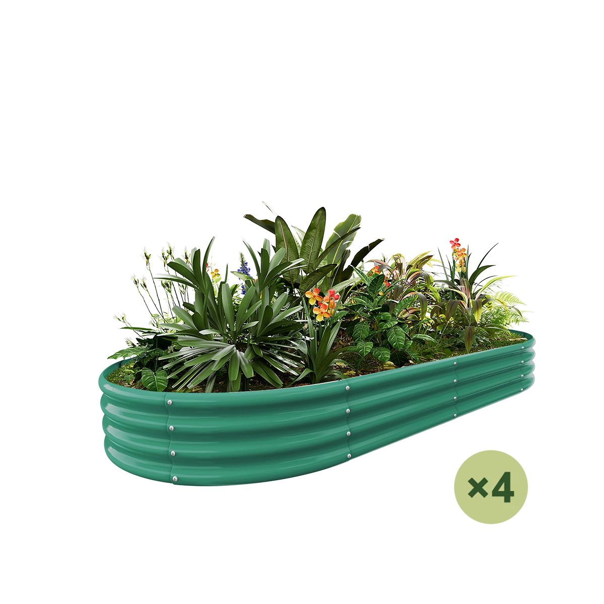 4-pack green galvanized raised garden bed filled with lush plants and colorful flowers.