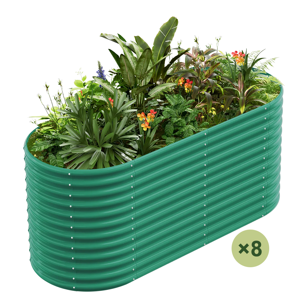 Green 36" tall oval galvanized raised garden bed filled with lush plants. Set includes 8 beds.