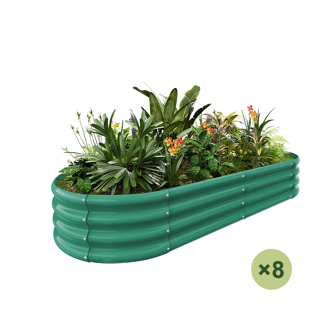 Green 8-tier corrugated metal raised garden bed filled with diverse plants and flowers.