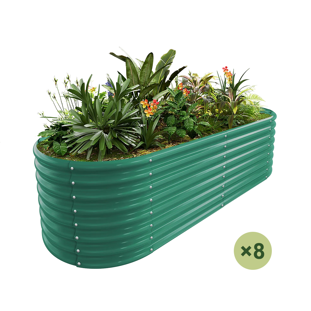 8-Pack green galvanized oval raised garden bed with plants