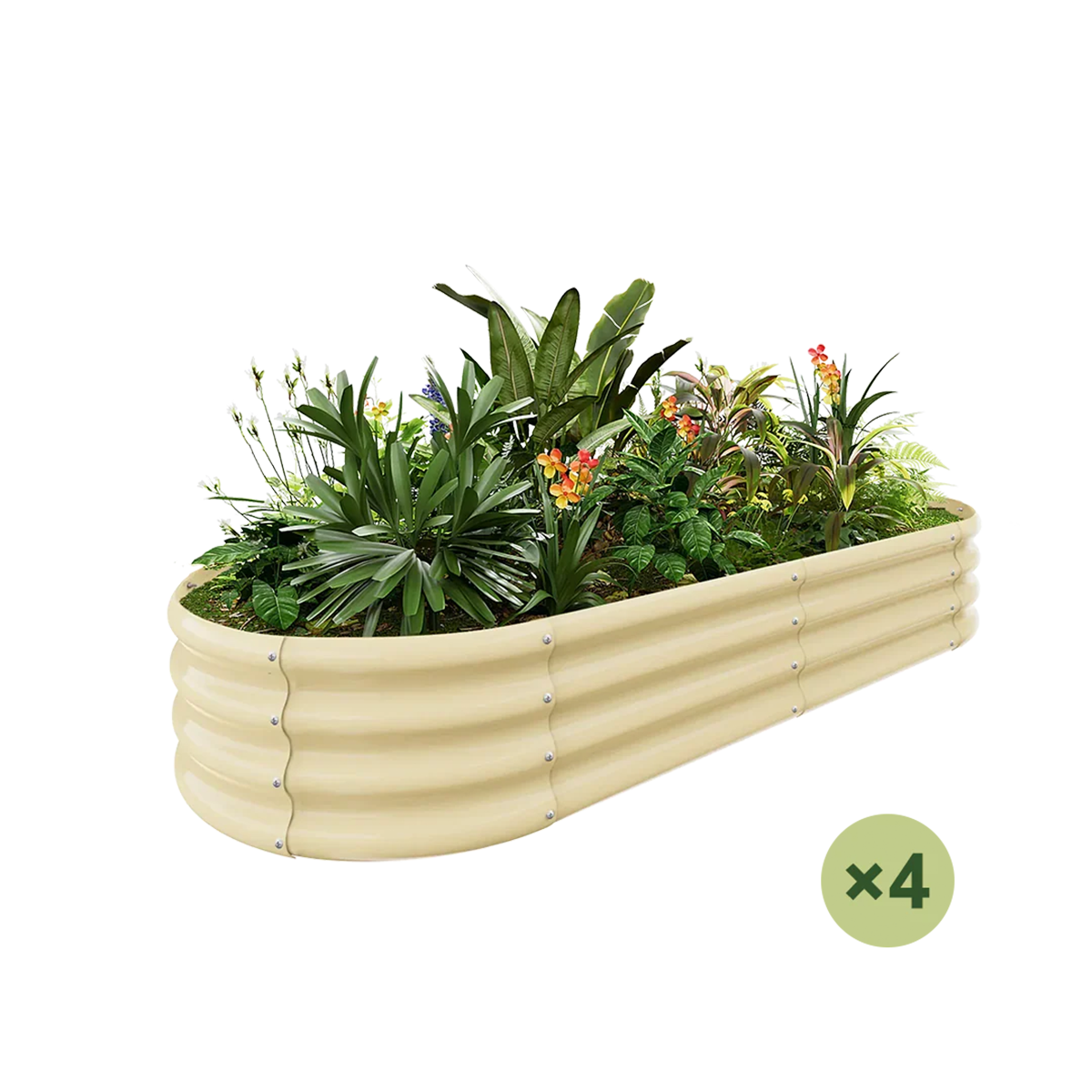 4-pack beige galvanized raised garden bed filled with lush plants and flowers.