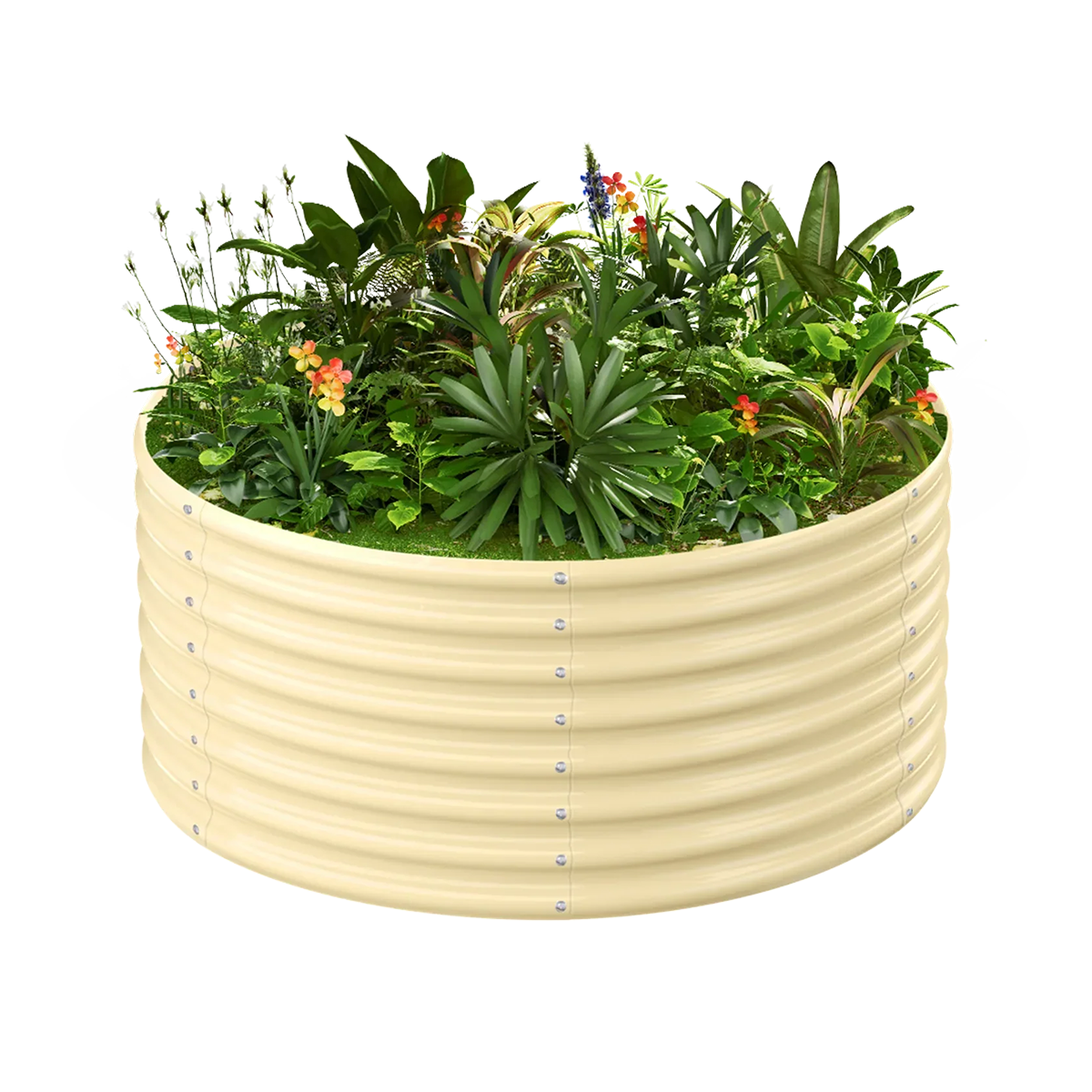 Cream galvanized raised garden bed filled with lush green plants and colorful flowers.