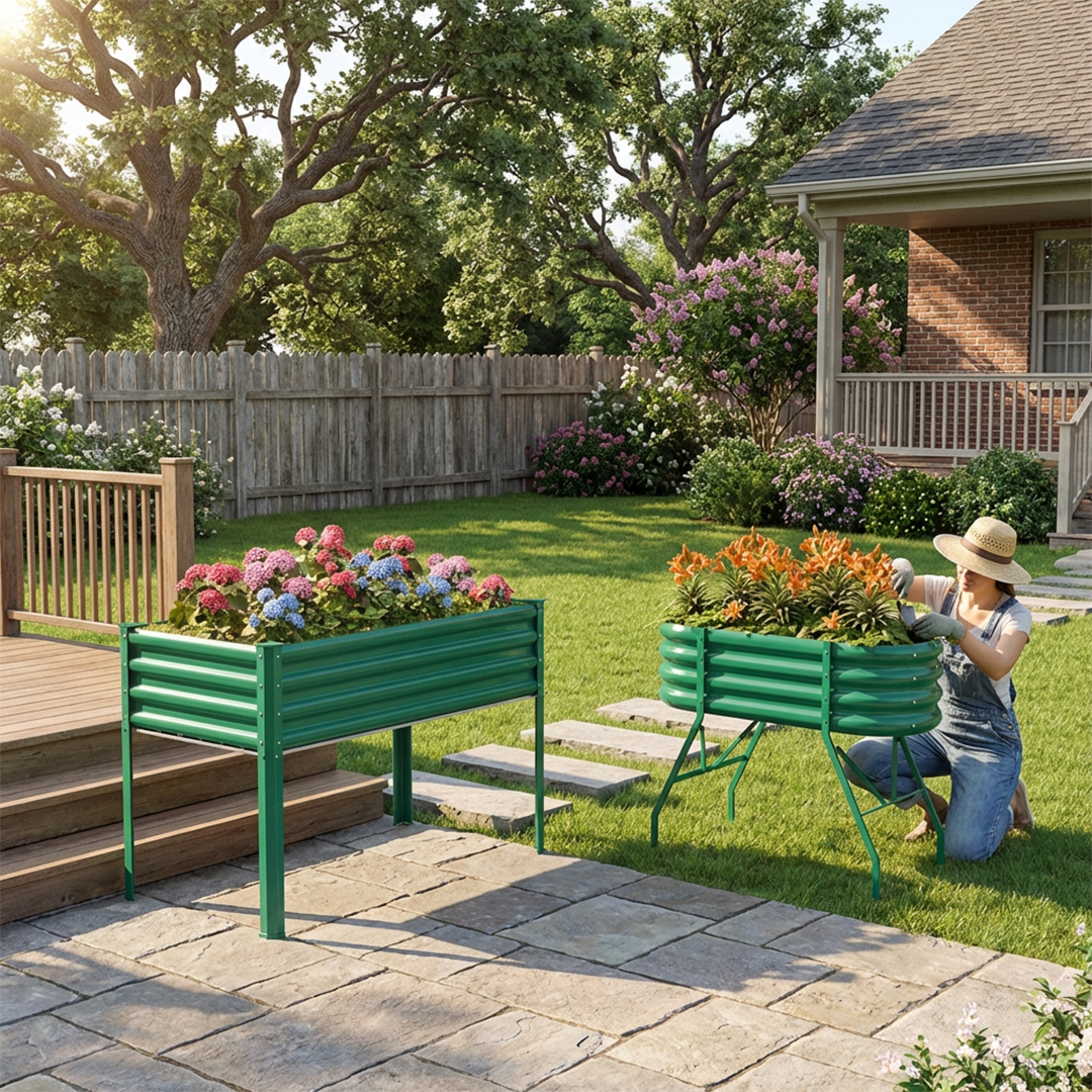 2-Pack 4x2x2.7ft Galvanized Raised Garden Bed With Legs -1pcs Rectangular+1pcs Oval