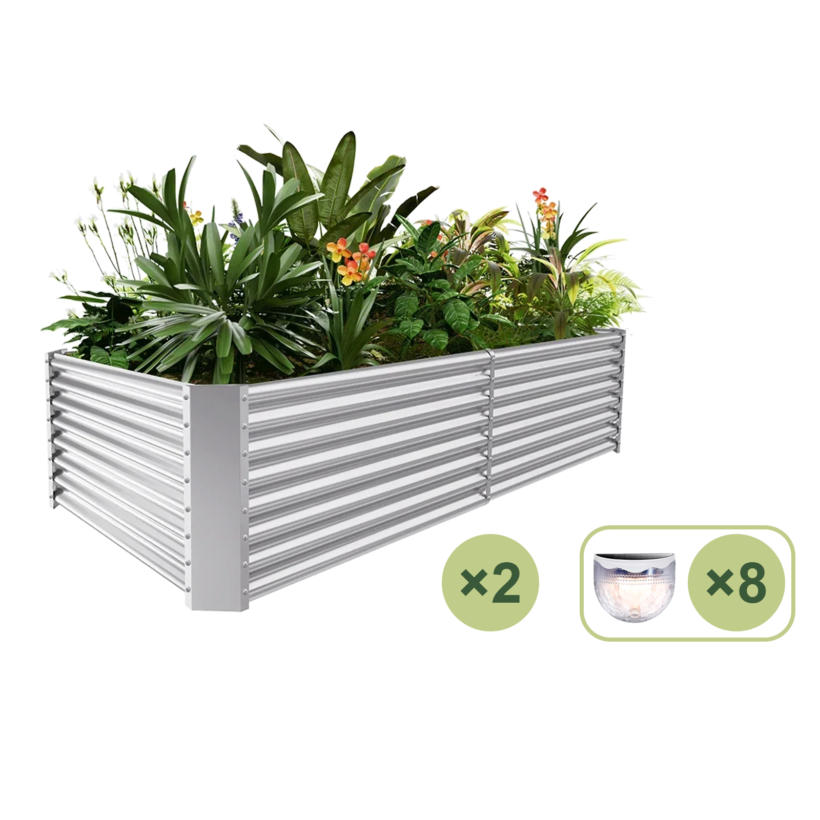 2-Pack 24" Tall Rectangular 8x4x2ft Galvanized Raised Garden Beds+8 Solar Lights