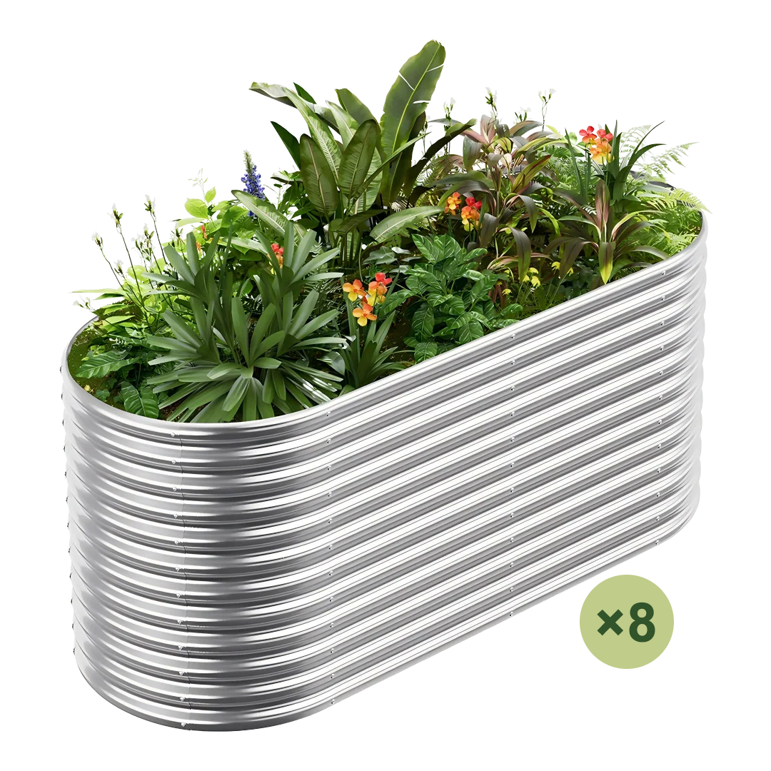 8-Pack 36" Galvanized Raised Garden Bed, oval shape, filled with lush plants.
