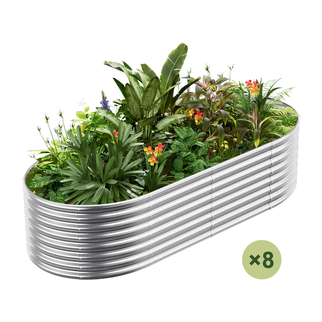 8-pack galvanized raised garden bed filled with lush plants, oval shape