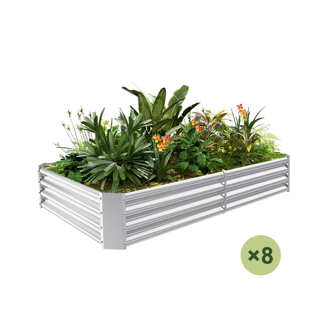 Galvanized steel raised garden bed with plants and flowers, includes 8 panels.