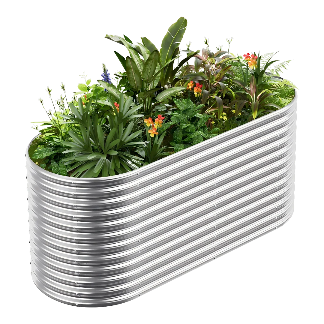 Corrugated galvanized steel raised garden bed filled with diverse plants and flowers.