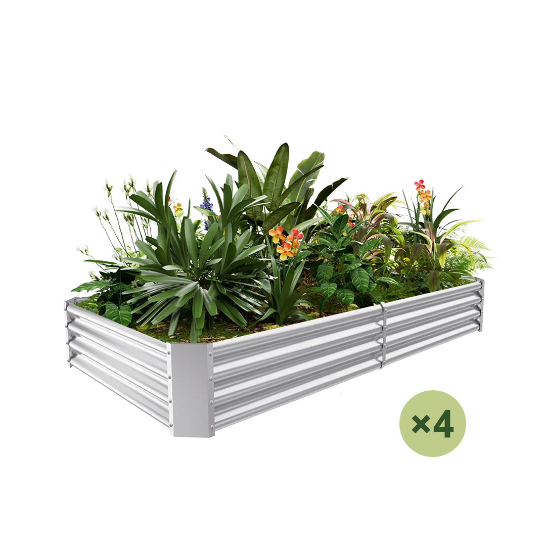 Galvanized steel raised garden bed, 8x4x1 ft, planted with flowers and greenery. Pack of 4.