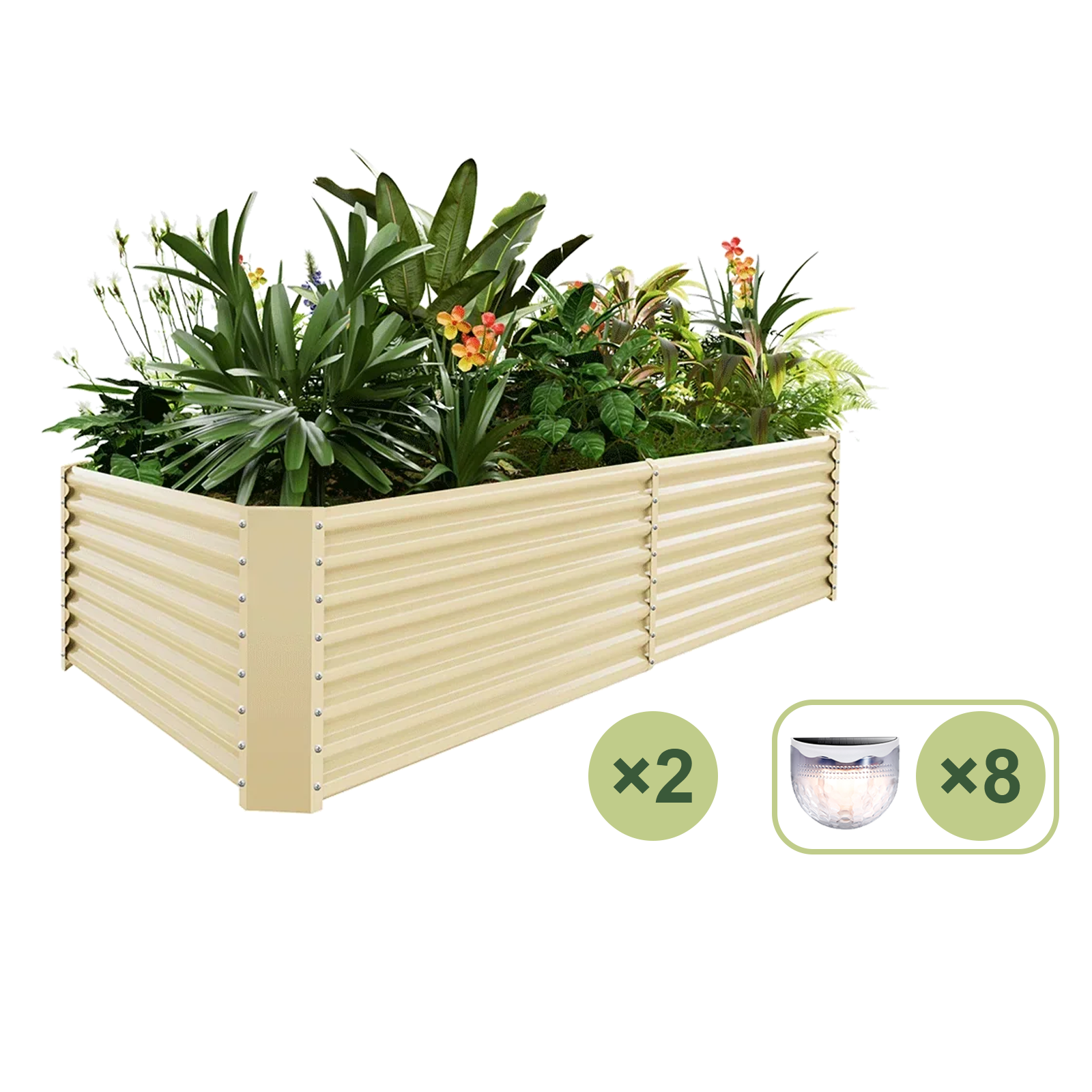 2 galvanized raised garden beds with lush plants and 8 solar lights