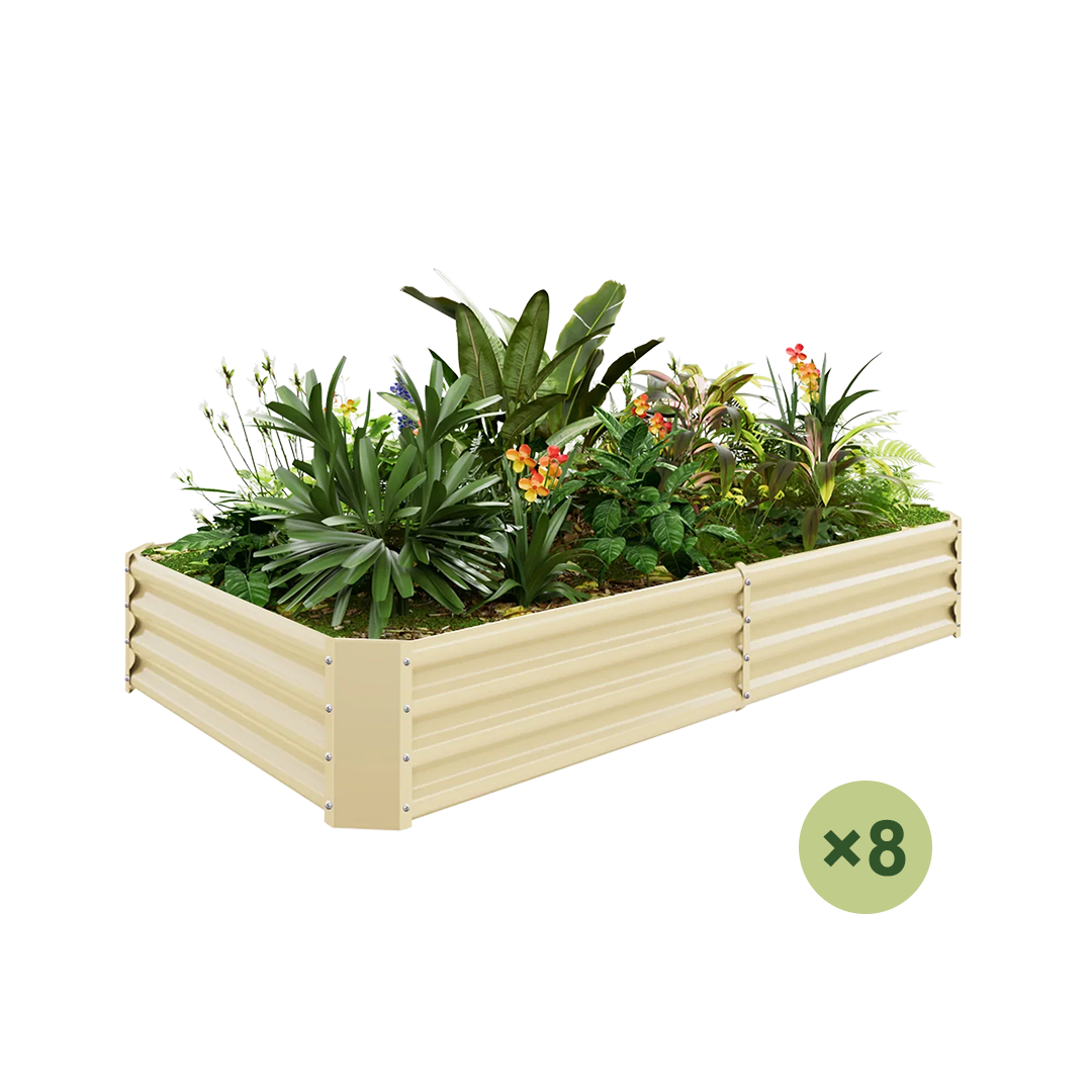 Beige corrugated metal raised garden bed filled with lush plants and flowers, showing a set of 8.