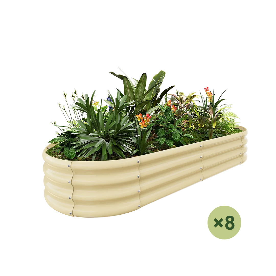 Corrugated raised garden bed in beige with plants and flowers, featuring a pack of 8. Metal garden planter.
