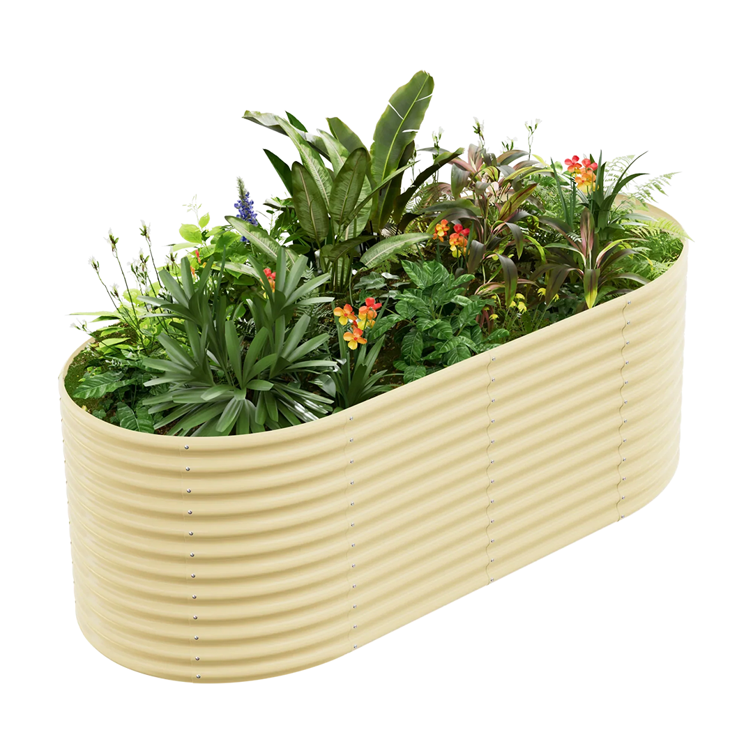 Tall oval galvanized metal raised garden bed filled with lush green plants and colorful flowers.