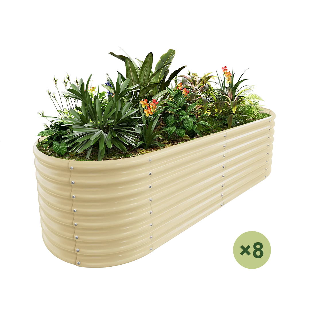 8-pack of galvanized raised garden beds in tan, oval shape, filled with vibrant plants and flowers.