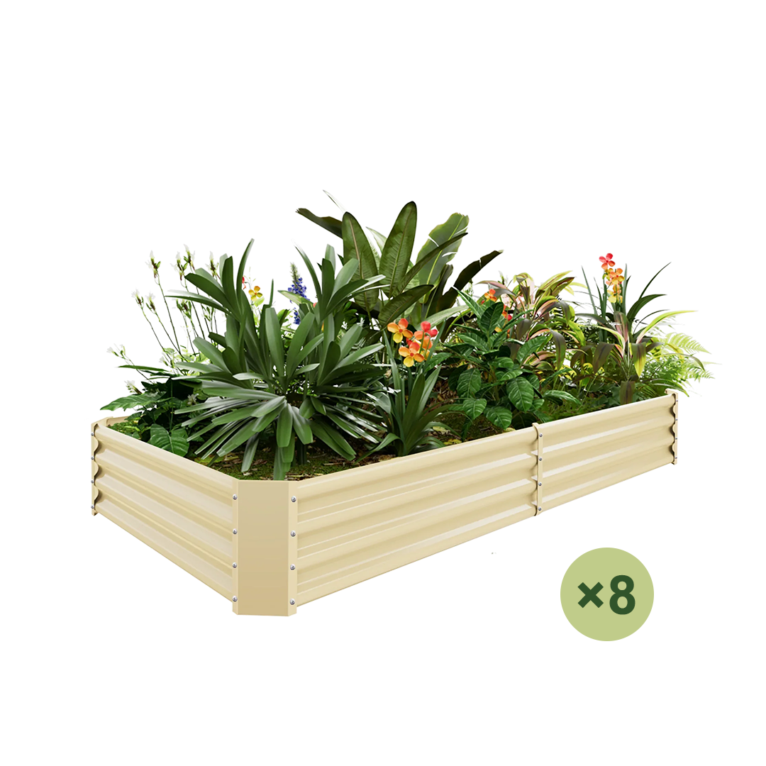 Beige corrugated metal raised garden bed with various plants and flowers, includes 