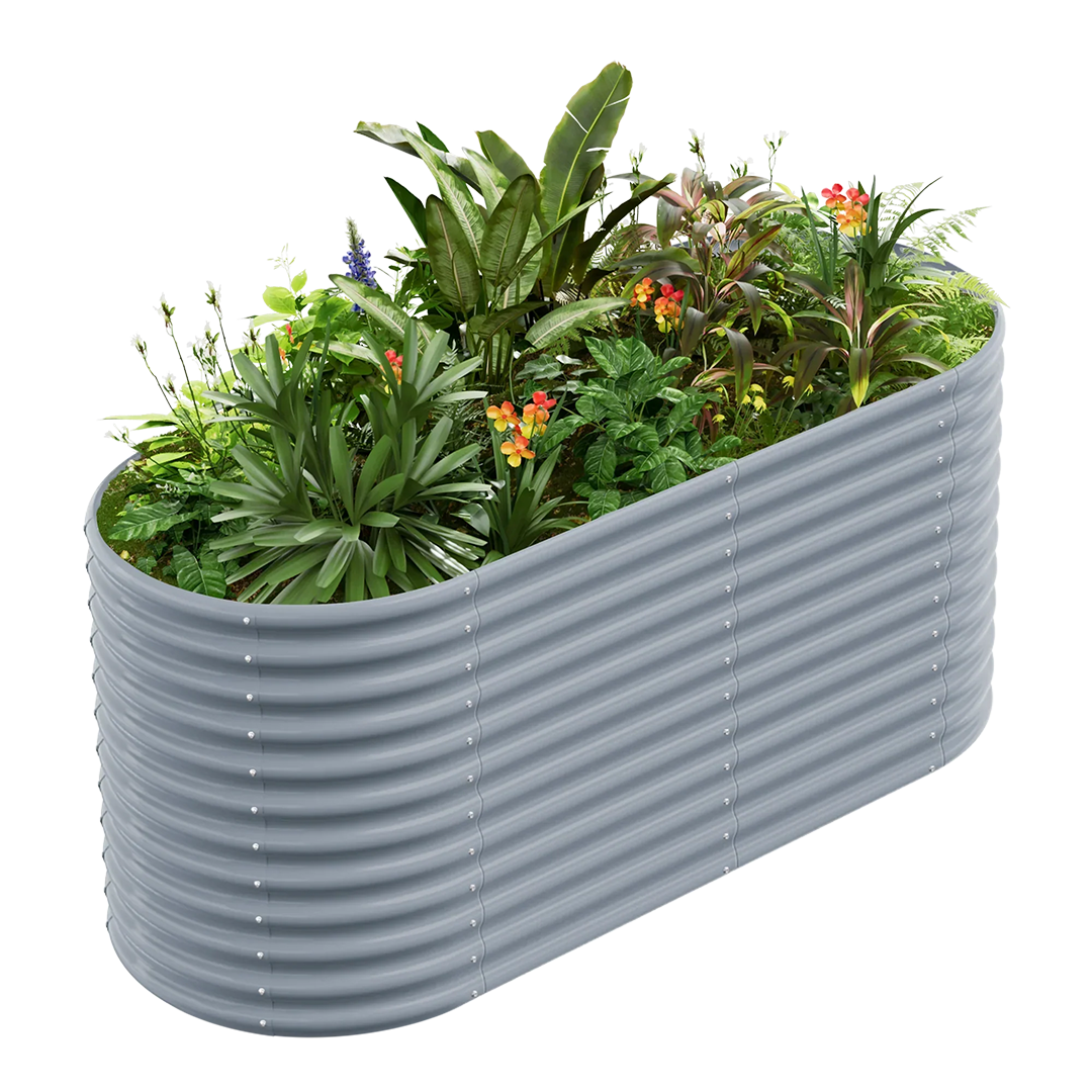 Grey corrugated metal raised garden bed with diverse plants and flowers