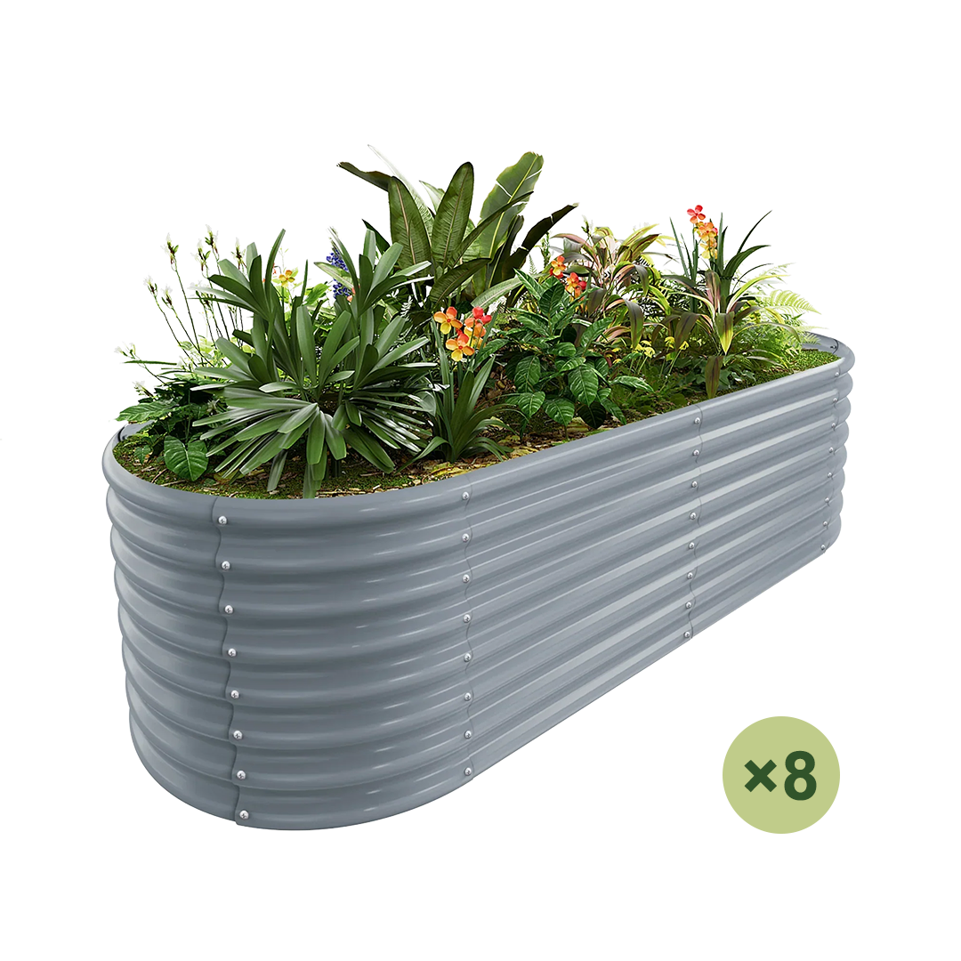 8-pack galvanized oval raised garden bed with plants, 73