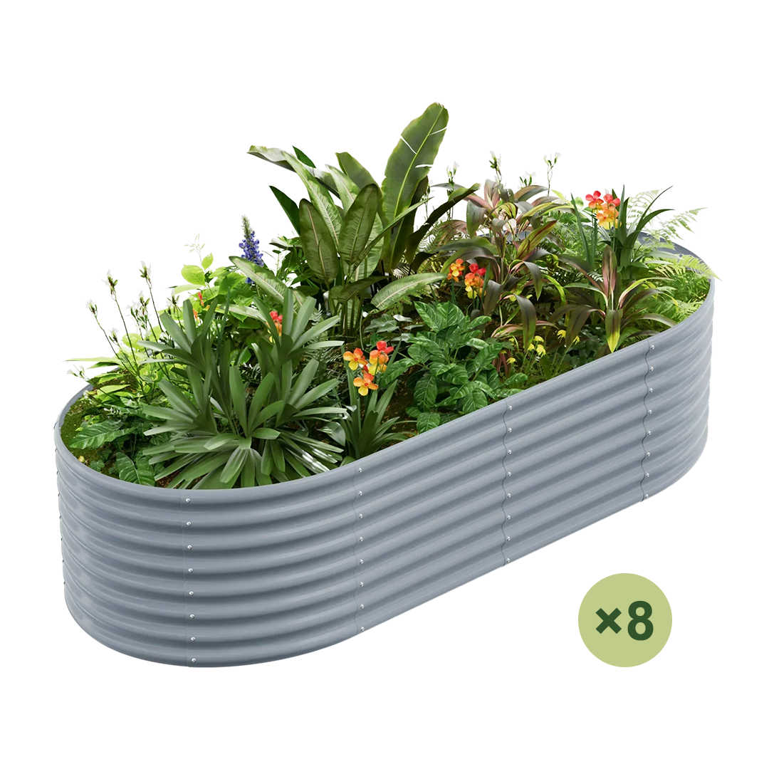 8-pack galvanized oval raised garden bed with diverse plants