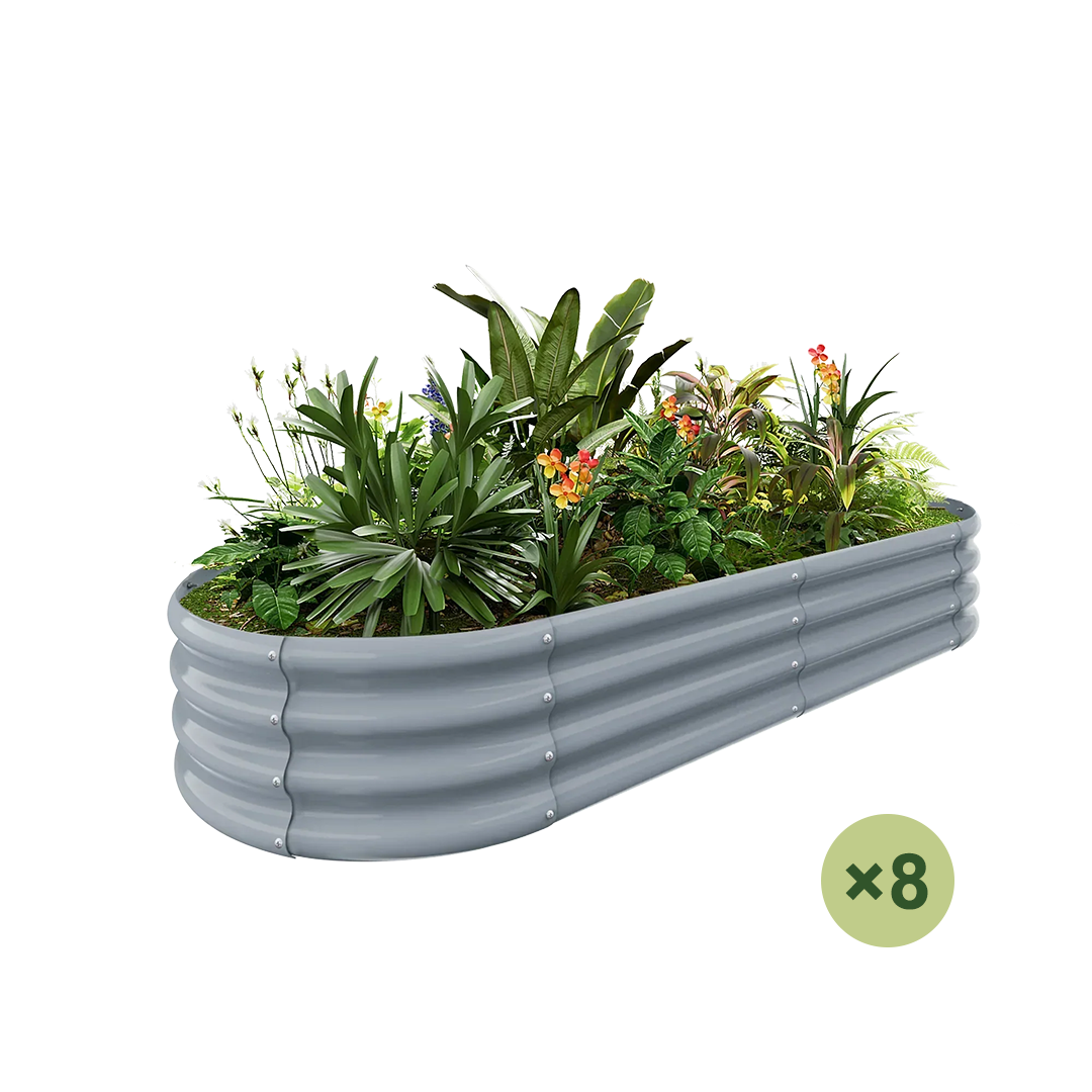 Gray corrugated metal raised garden bed filled with lush green plants and vibrant orange flowers, showing 'x8' quantity.