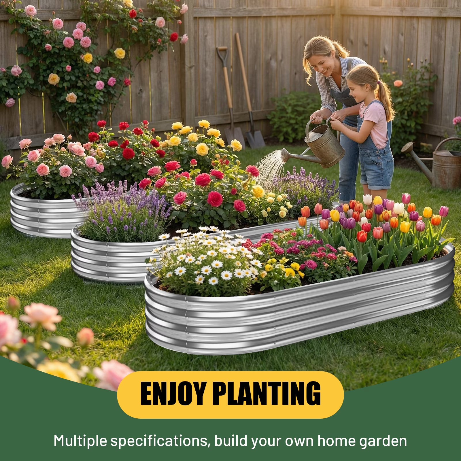 3-Pack 8×4×1ft Raised Garden Bed，Outdoor Galvanized Planter Boxes, Oval Large Metal Raised Garden Beds for Vegetables (Starlight Silver)