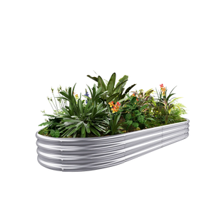 12" Galvanized oval raised garden bed filled with lush green plants and colorful flowers.