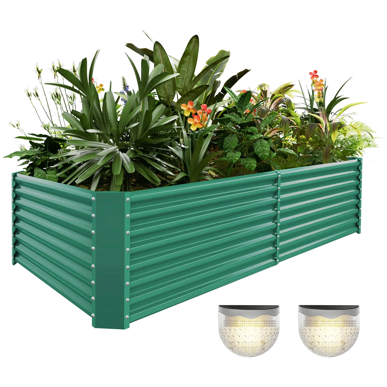 24" Tall Rectangular 8x4x2ft Galvanized Raised Garden Bed+2 Solar Lights
