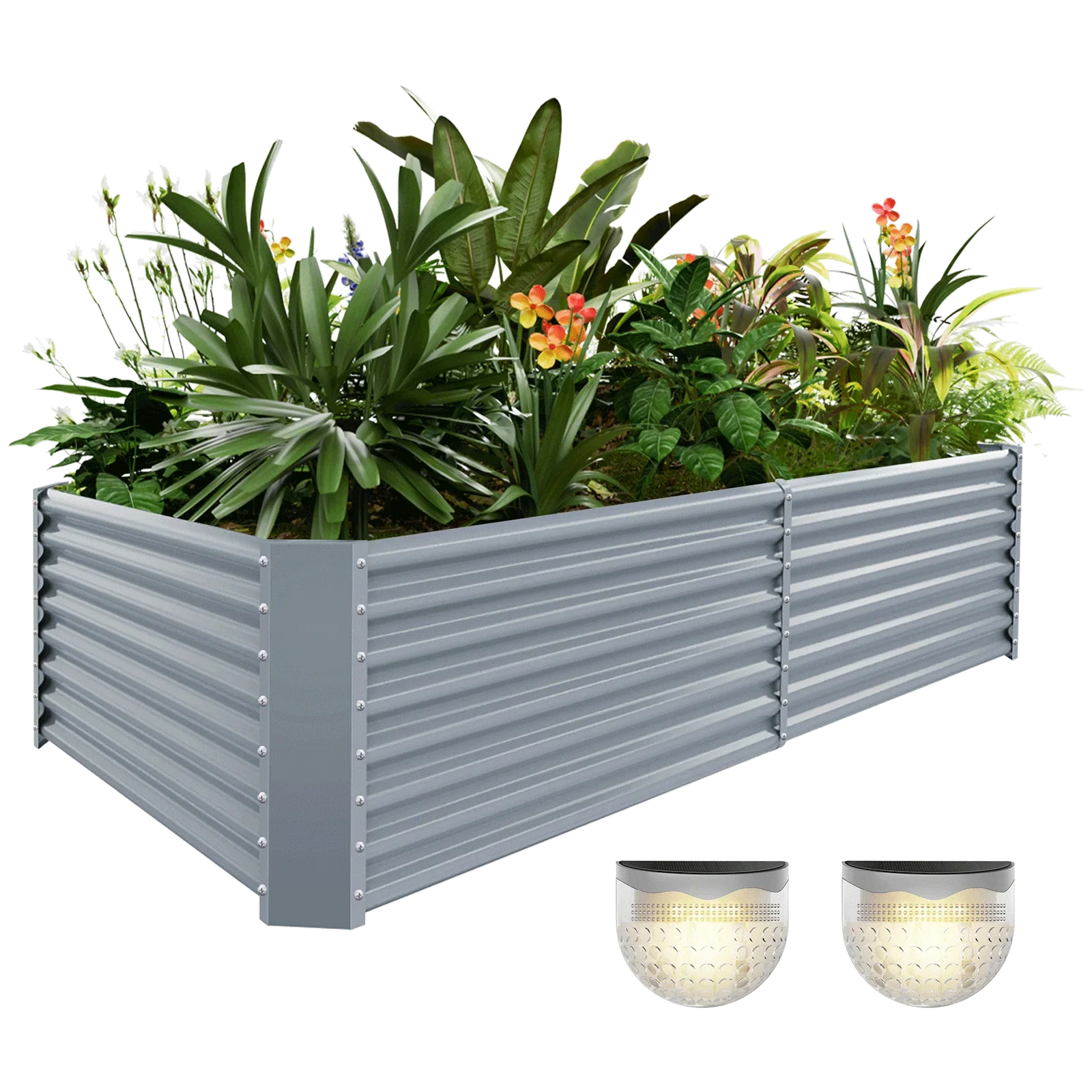 24" Tall Rectangular 8x4x2ft Galvanized Raised Garden Bed+2 Solar Lights
