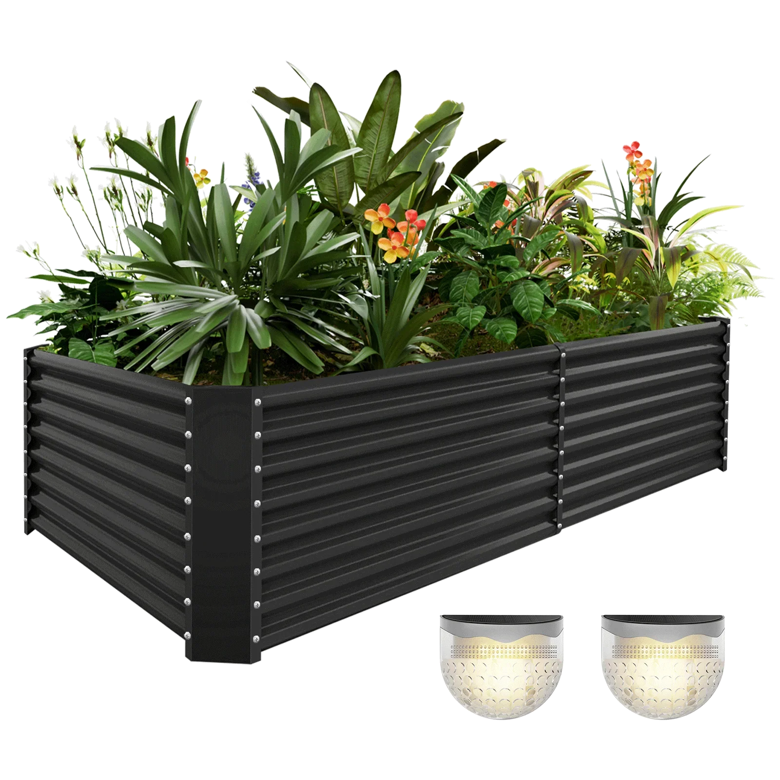 24" Tall Rectangular 8x4x2ft Galvanized Raised Garden Bed+2 Solar Lights