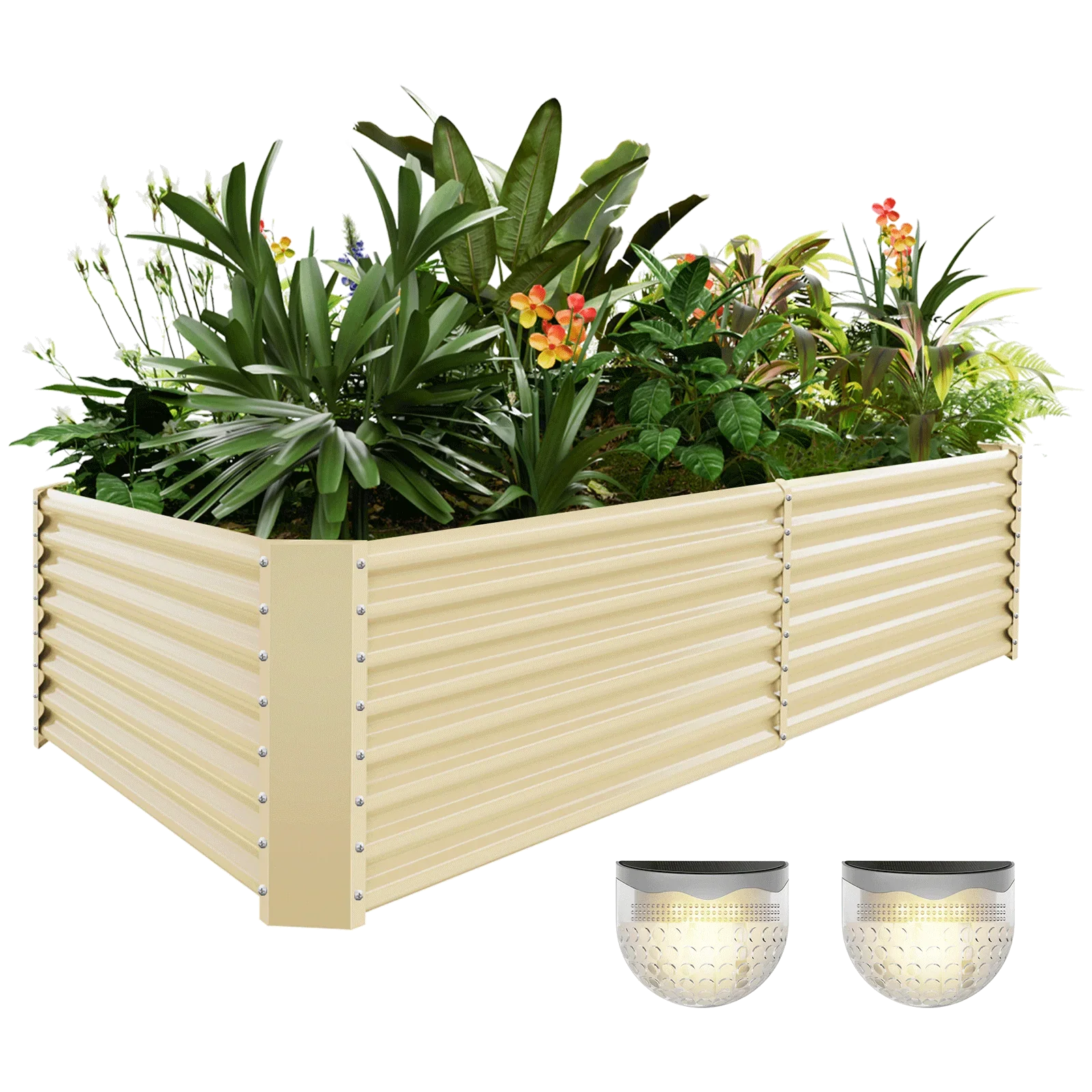 24" Tall Rectangular 8x4x2ft Galvanized Raised Garden Bed+2 Solar Lights