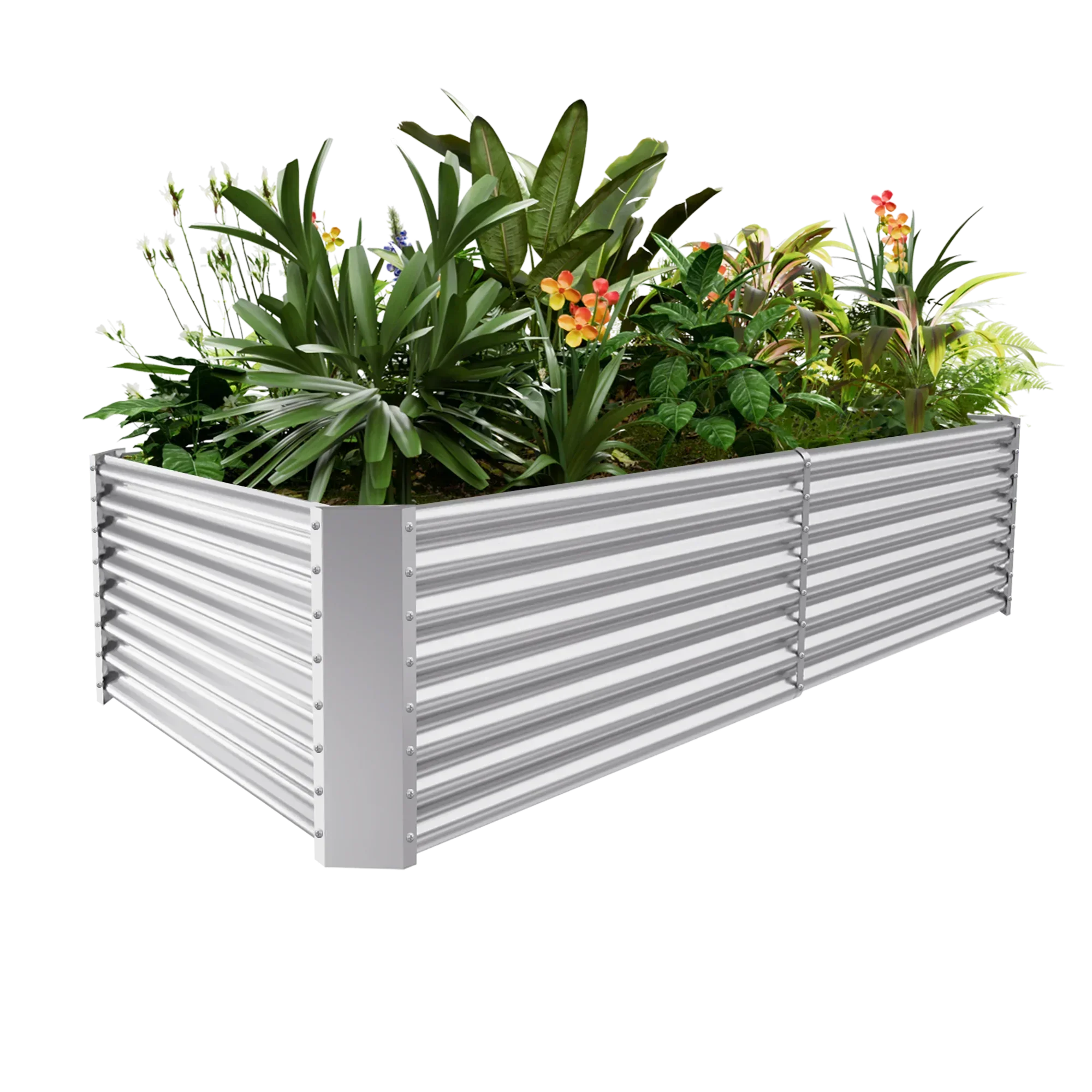 Galvanized raised garden bed with vibrant plants and flowers