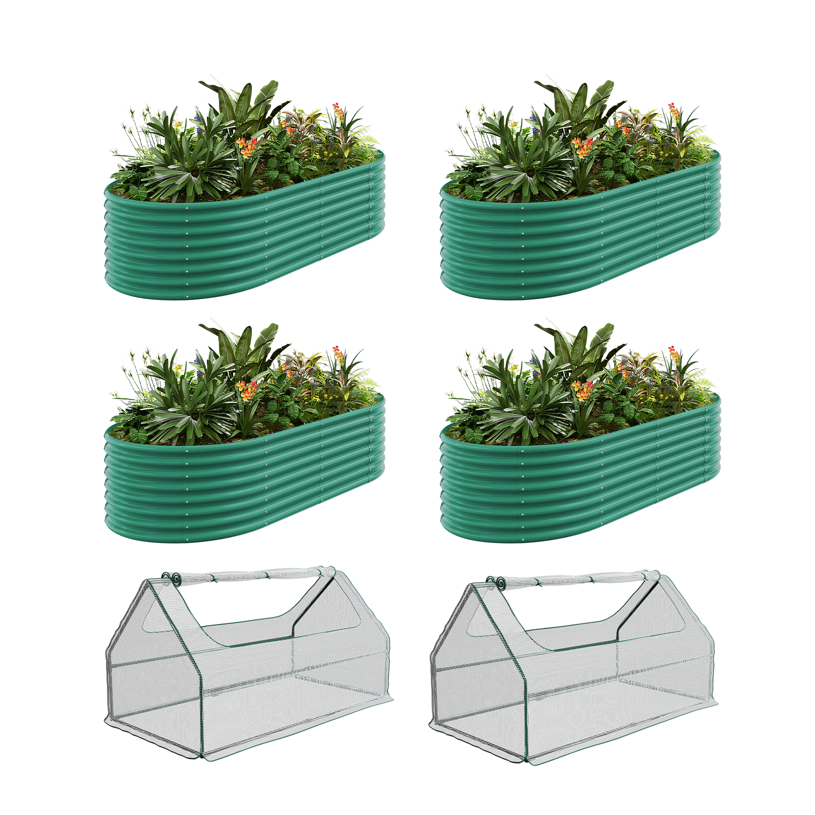 4-Pack 24" Tall Oval 8x4x2ft Galvanized Raised Garden Beds+2 Free Greenhouse