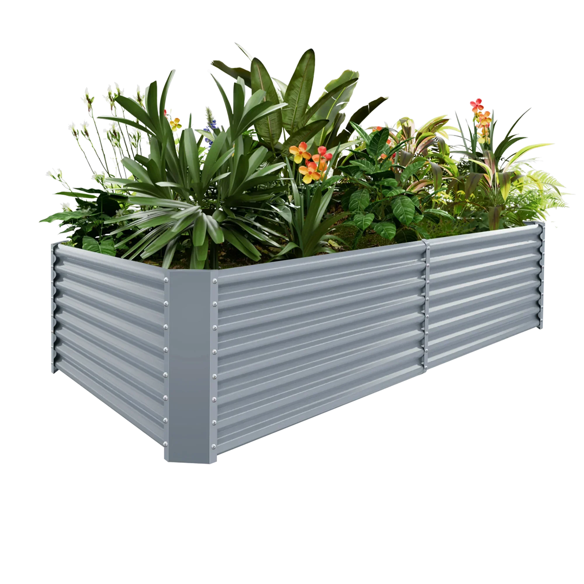 Galvanized raised garden bed with lush plants and flowers, 8x4x2ft