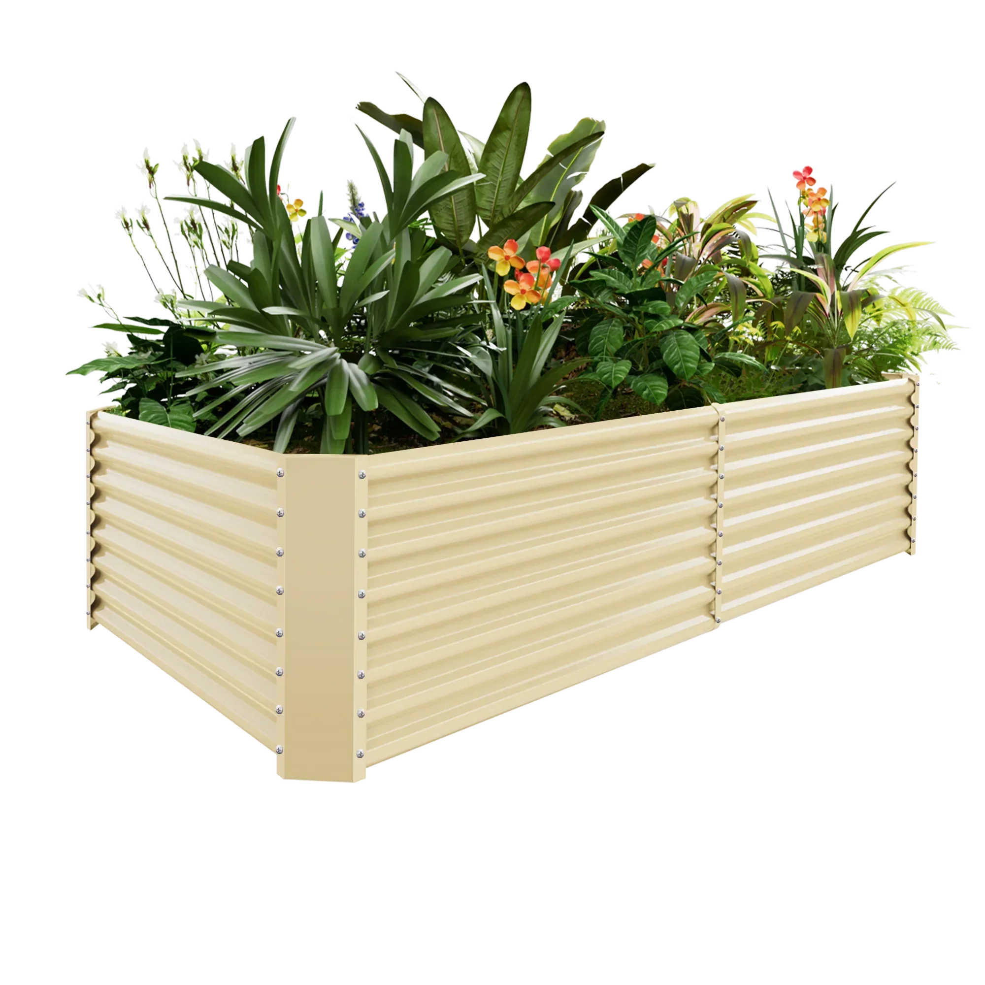 Galvanized raised garden bed filled with lush plants and flowers