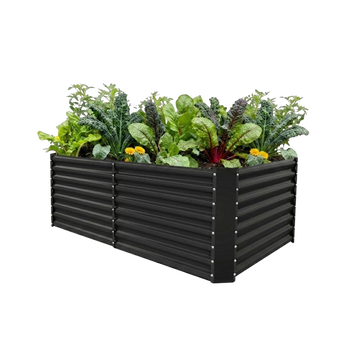 Land Guard 24" Tall 6' x 3' Rectangular galvanized metal raised garden bed in Nardo Gray planted with vegetables and flowers