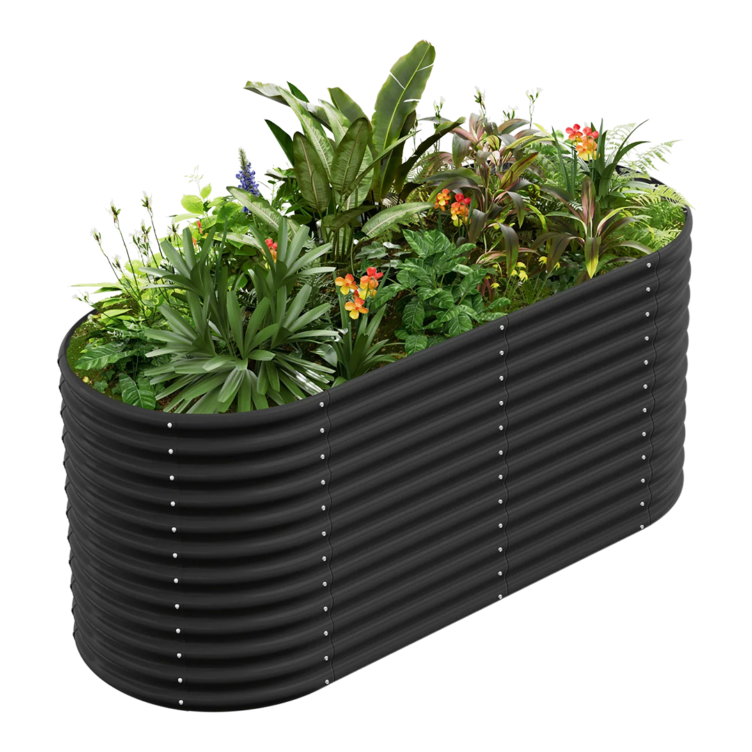 Black corrugated metal raised garden bed with lush plants and flowers.