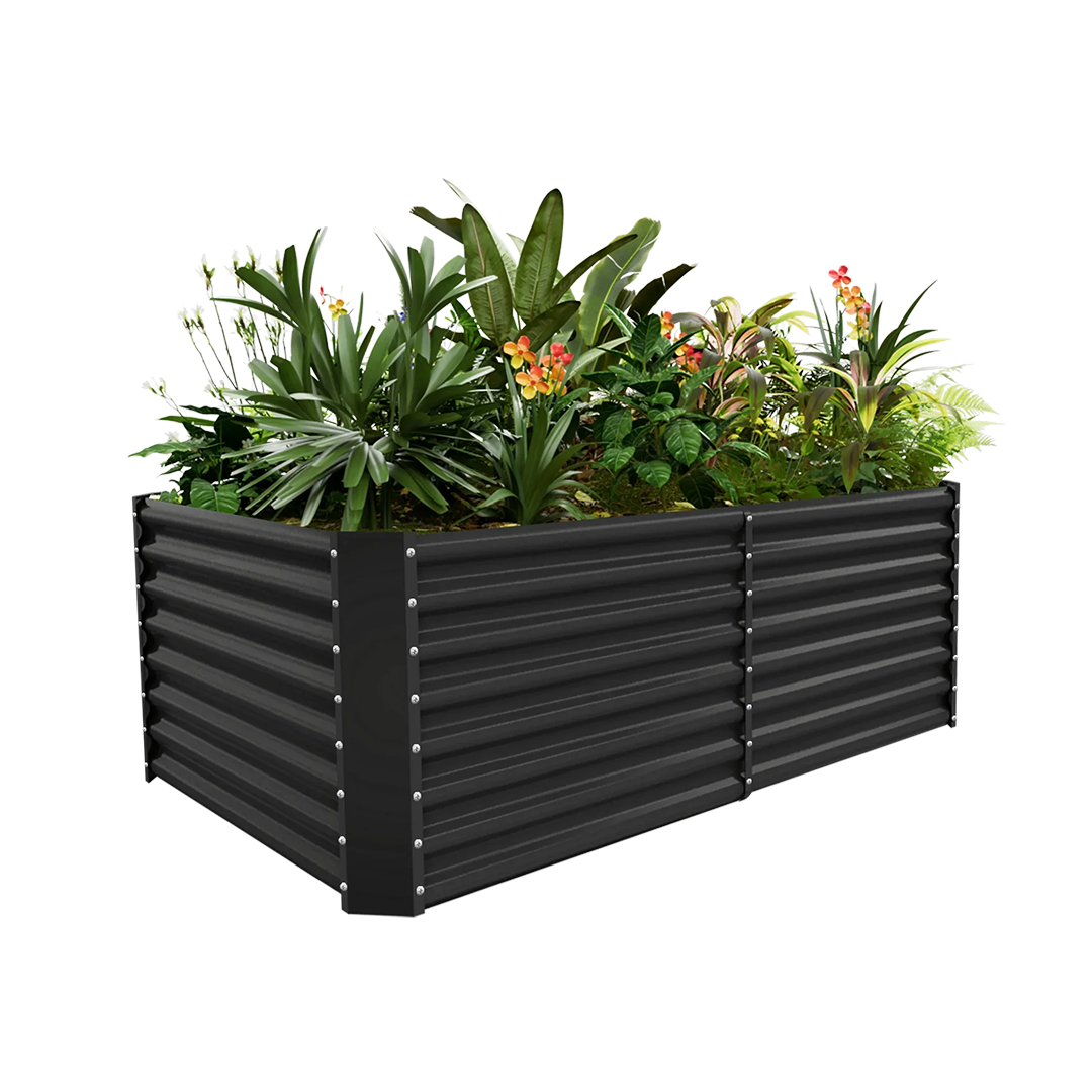 24 inch tall black galvanized raised garden bed with plants