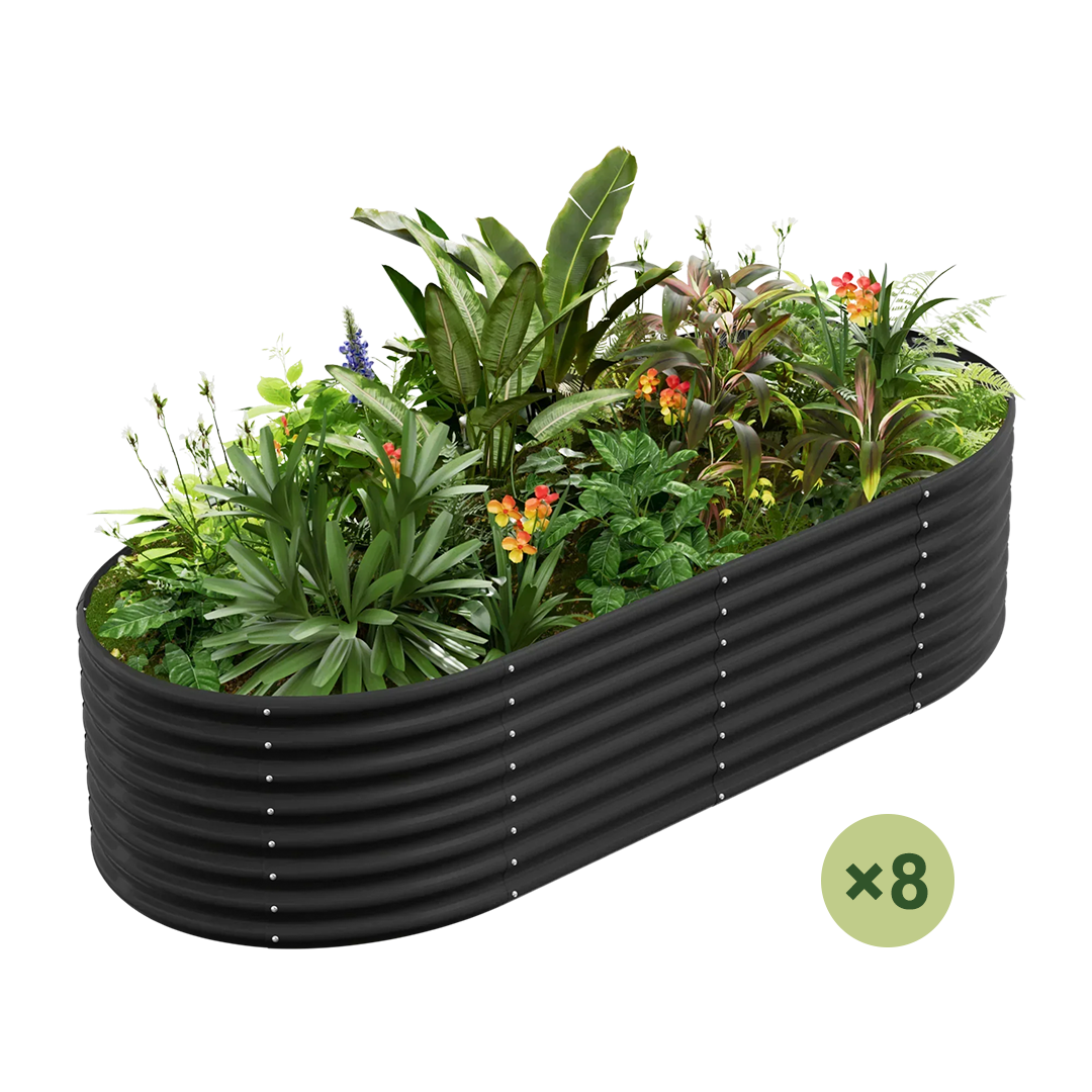 8-pack black galvanized raised garden bed overflowing with lush plants and colorful flowers.