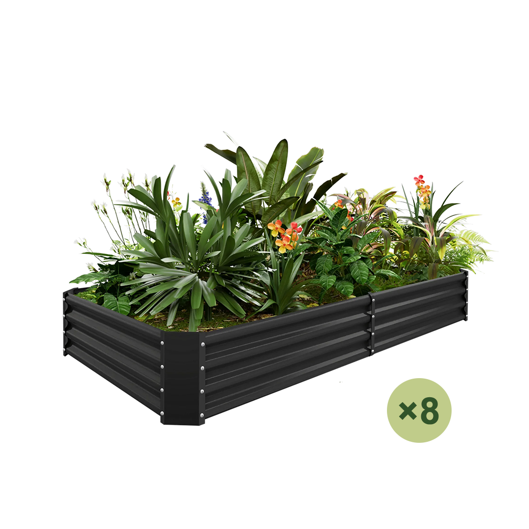 8-pack black galvanized raised garden bed filled with plants
