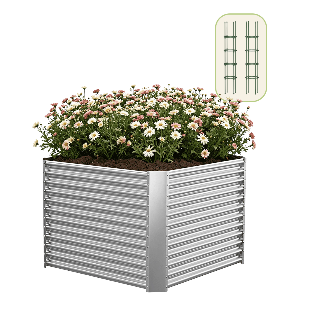 36" Tall Square 4x4x3ft Galvanized Raised Garden Bed+2 Round Garden Trellis