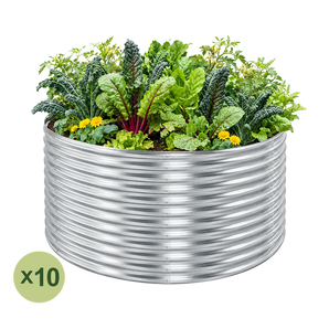 Land Guard 10-pack 4 ft diameter round raised garden beds, 36 inches tall, Starlight Silver
