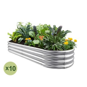 Land Guard 10-pack 6x3 ft oval raised garden beds, 12 inches tall, Starlight Silver